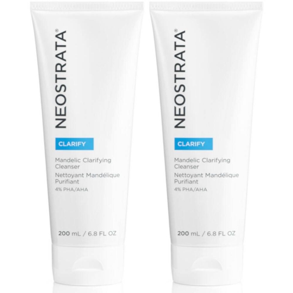 Deux tubes blancs. Texte: NEOSTRATA, Clarify, Mandelic Clarifying Cleanser, Nettoyant Mandélique Purifiant. 200 ml/6.8 FL OZ.