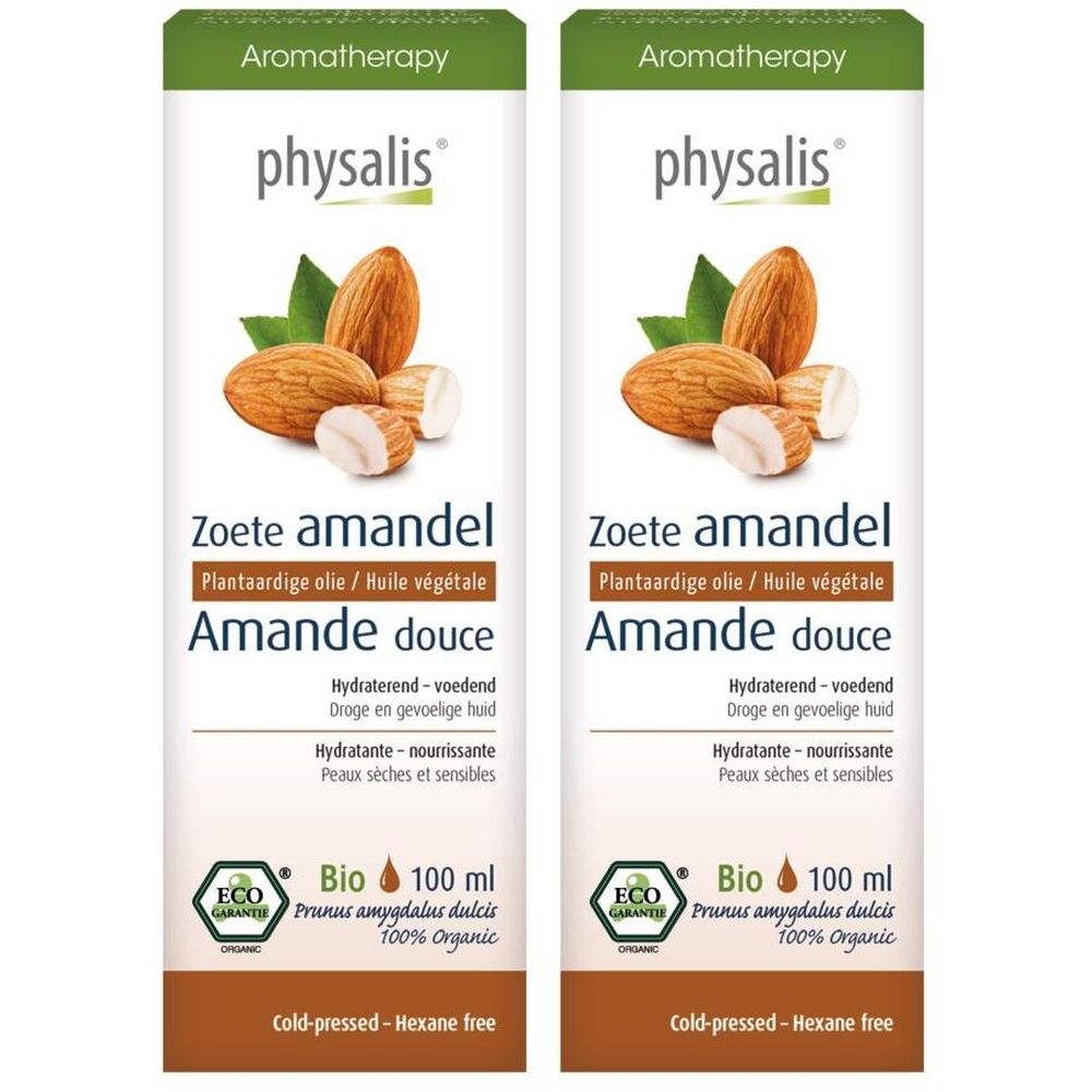 Deux flacons avec étiquettes. Inscription: Physalis, Zoete amandel, Amande douce. Illustration d'amandes et feuilles. Label Bio.