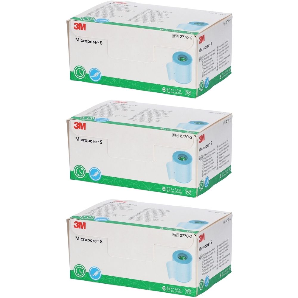 Drie dozen 3M Micropore-S. Elke doos toont een rol plakband. De verpakking is wit met groene en blauwe accenten.