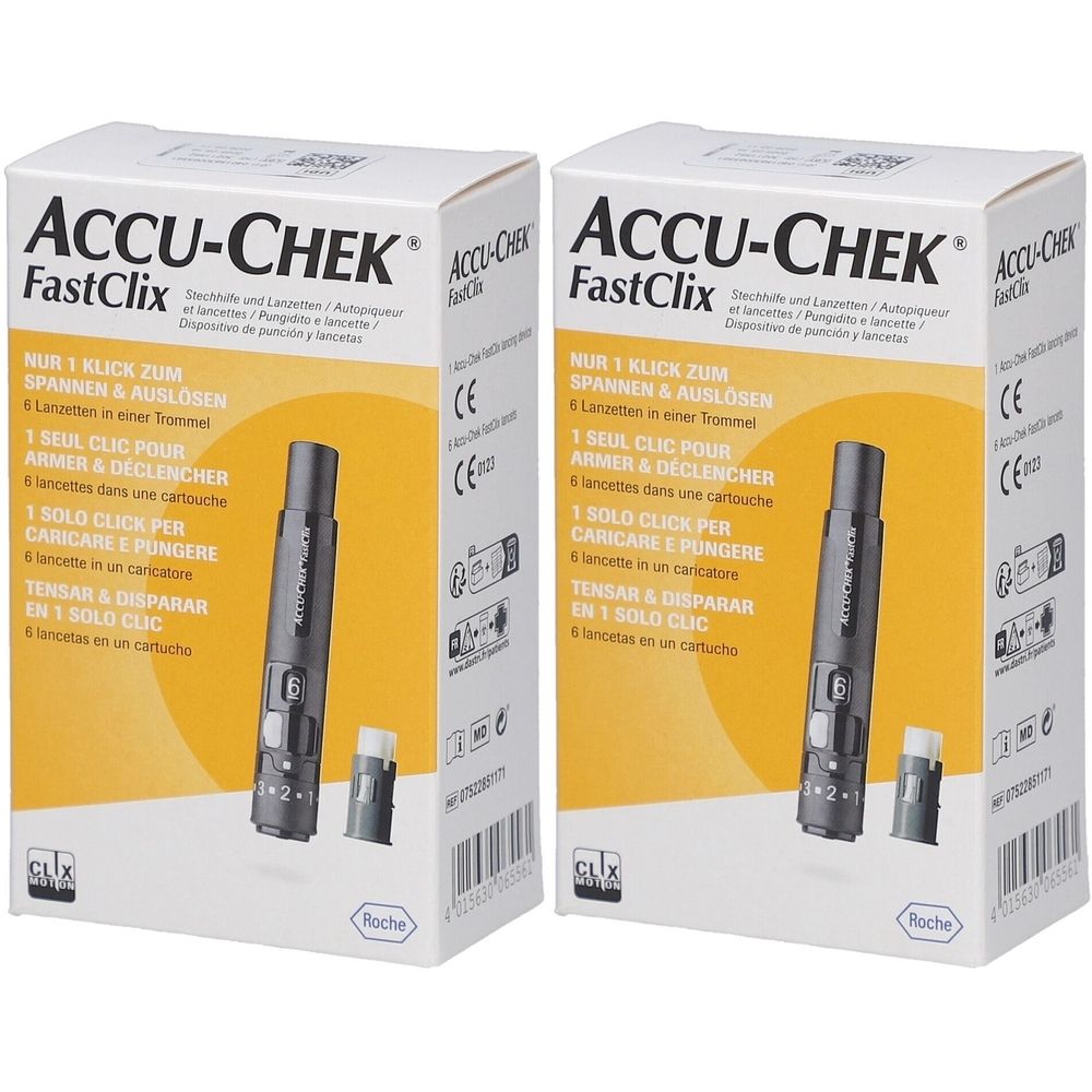 Deux boîtes Accu-Chek FastClix. Chaque boîte montre un stylo autopiqueur et une cartouche de lancettes. Marquage CE visible.