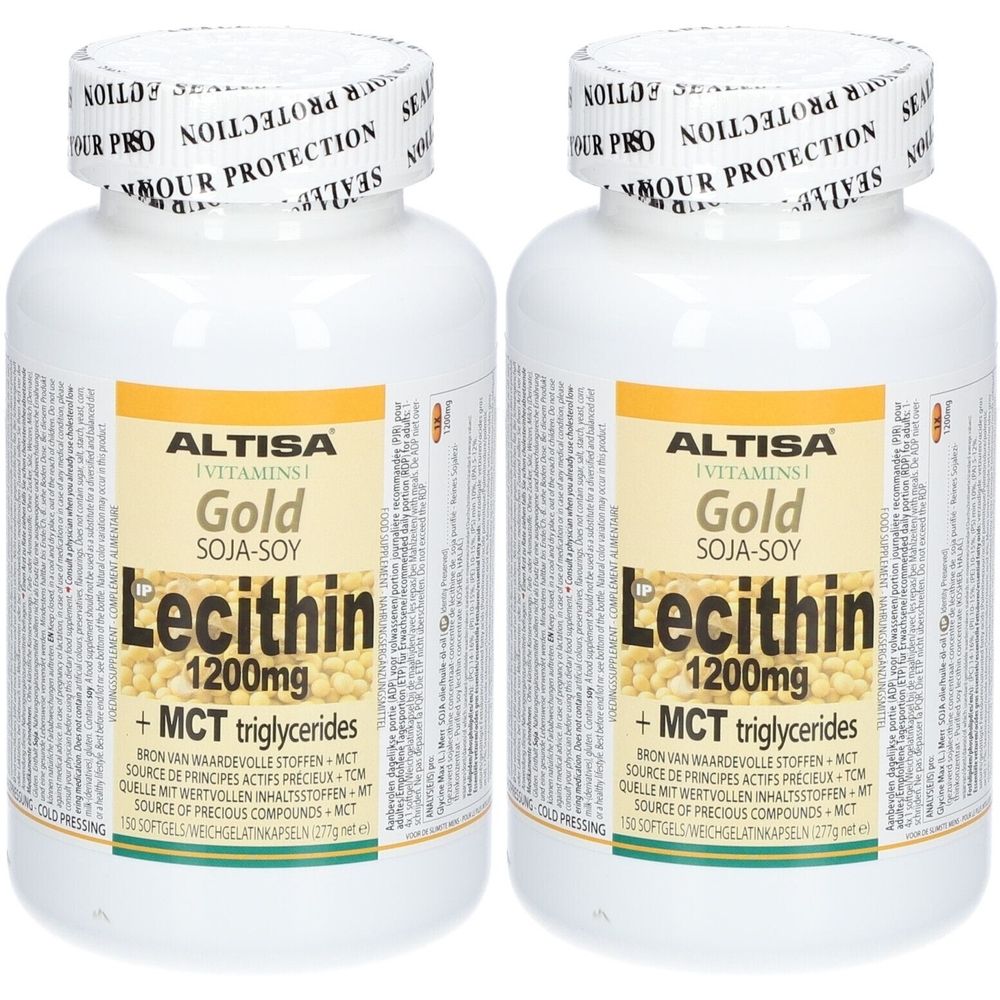 Twee witte flessen met etiketten. Opschrift: Altisa Gold Soja-Soy Lecithin 1200mg. Verzegeling met opschrift: « NOUR PROTECTION ».