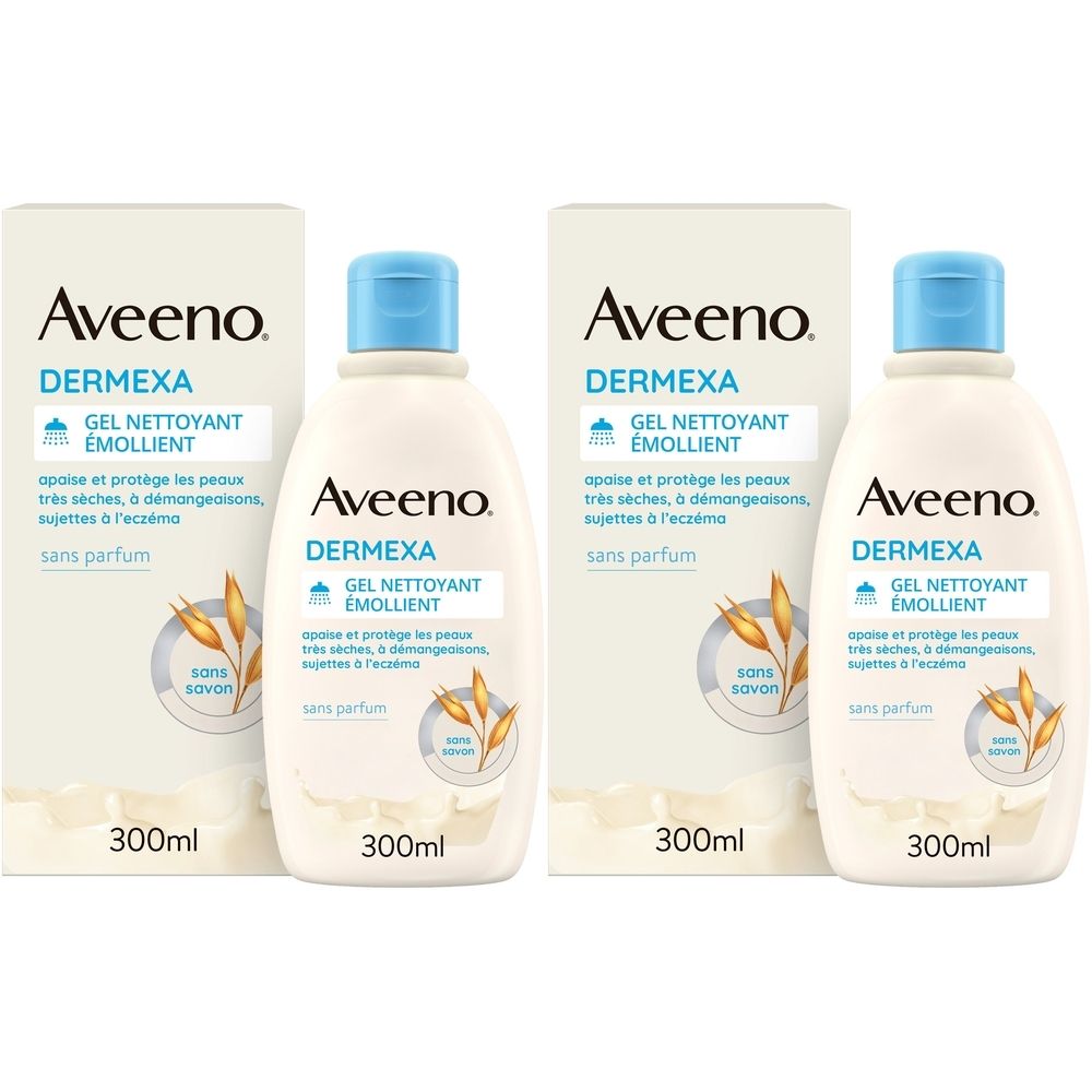 Deux flacons Aveeno Dermexa Gel Nettoyant Émollient avec emballage. Flacons blancs, bouchon bleu, texte et logo visibles.