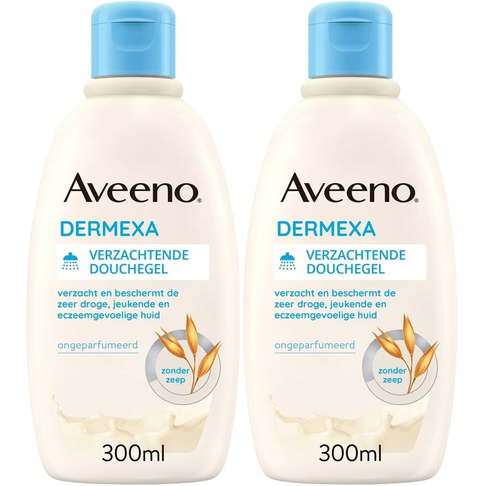 Twee flessen Aveeno Dermexa Verzachtende Douchegel. Witte flessen met blauwe dop, tekst en logo.
