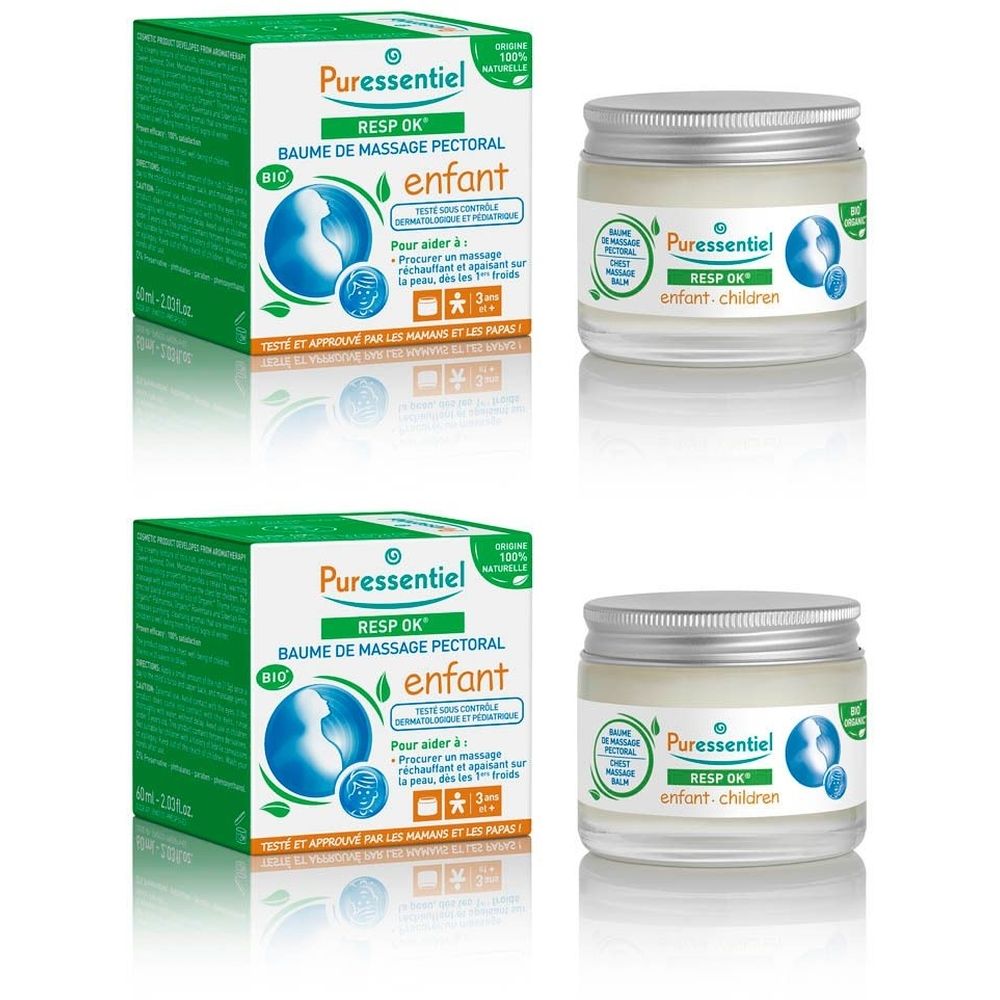 Twee groene dozen en twee potten crème. Opschrift: Puressentiel, Resp OK, Baume Pectoral, enfant.