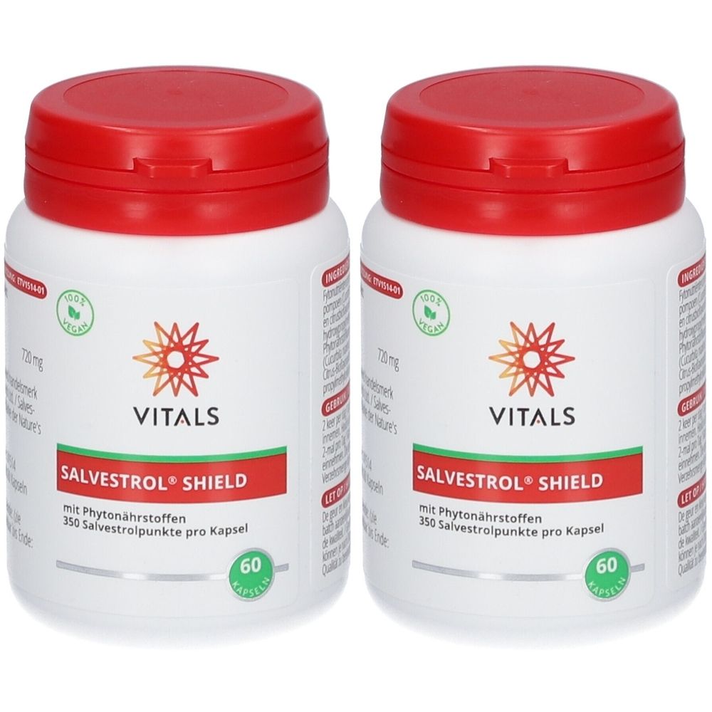 Twee witte flessen met rode deksel. Opschrift: Vitals Salvestrol Shield. Bevat 60 capsules. Vegan keurmerk.