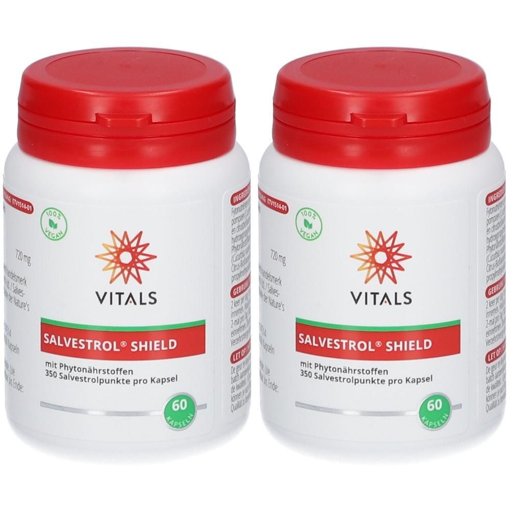 Twee witte potten met rode deksels. Opschrift: Vitals Salvestrol Shield. 60 capsules. Met fytonutriënten.