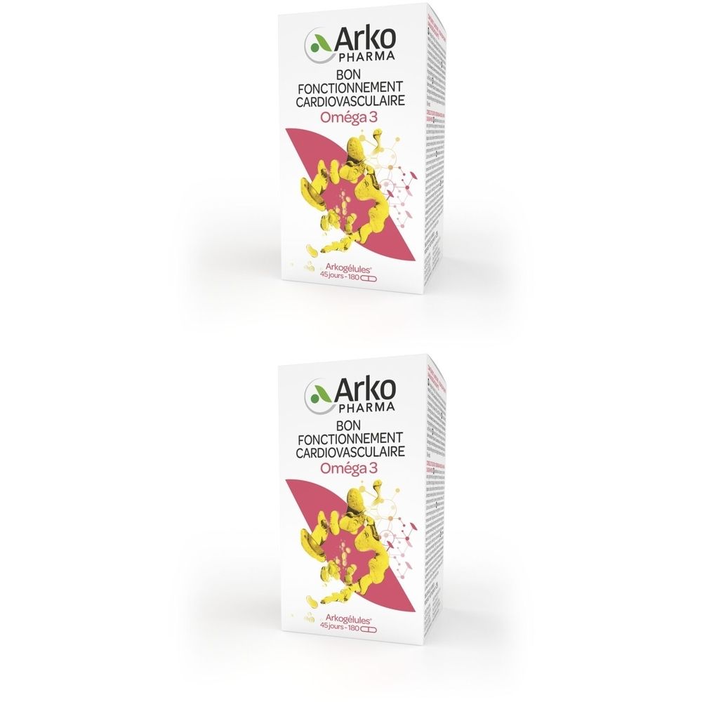 Boîte blanche Arkocaps Omega 3. Texte: Bon fonctionnement cardiovasculaire, Oméga 3. Logo Arko Pharma.
