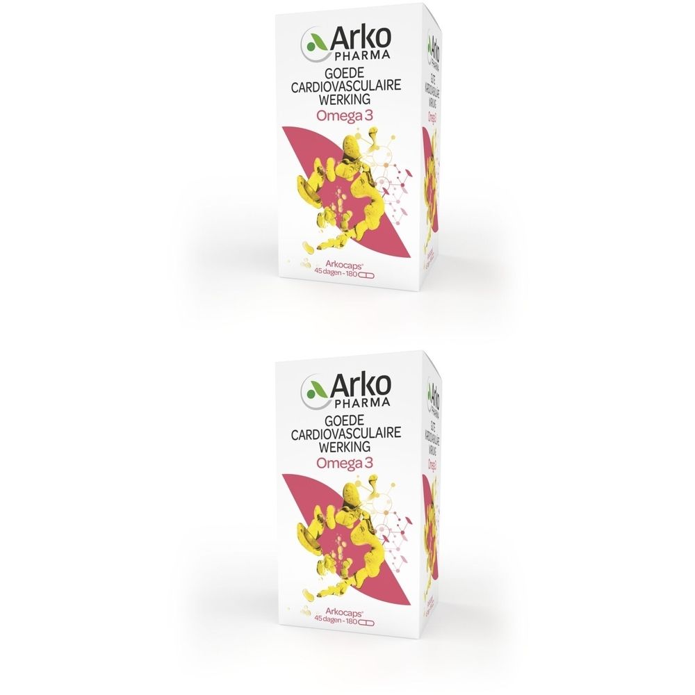Witte doos Arkocaps Omega 3. Tekst: Goede cardiovasculaire werking, Omega 3. Logo Arko Pharma.