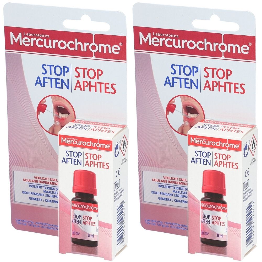 Deux emballages de produit Mercurochrome. L'emballage indique "STOP AFTEN APHTES". Une bouteille de liquide rouge est visible.