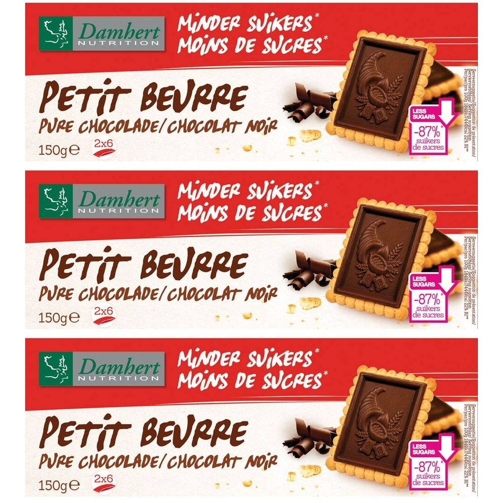 Verpakking van Damhert Petit Beurre Chocolat Noir. Tekst: Minder Suikers, Petit Beurre, 150g, 2x6. Toont koekjes met chocoladevulling en -87% suiker.