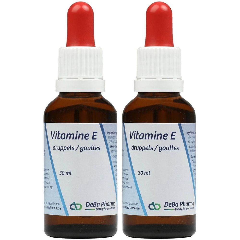 Deux flacons de gouttes de vitamine E. Flacons en verre brun avec pipette rouge. Inscription : Vitamine E, 30 ml, DeBa Pharma.