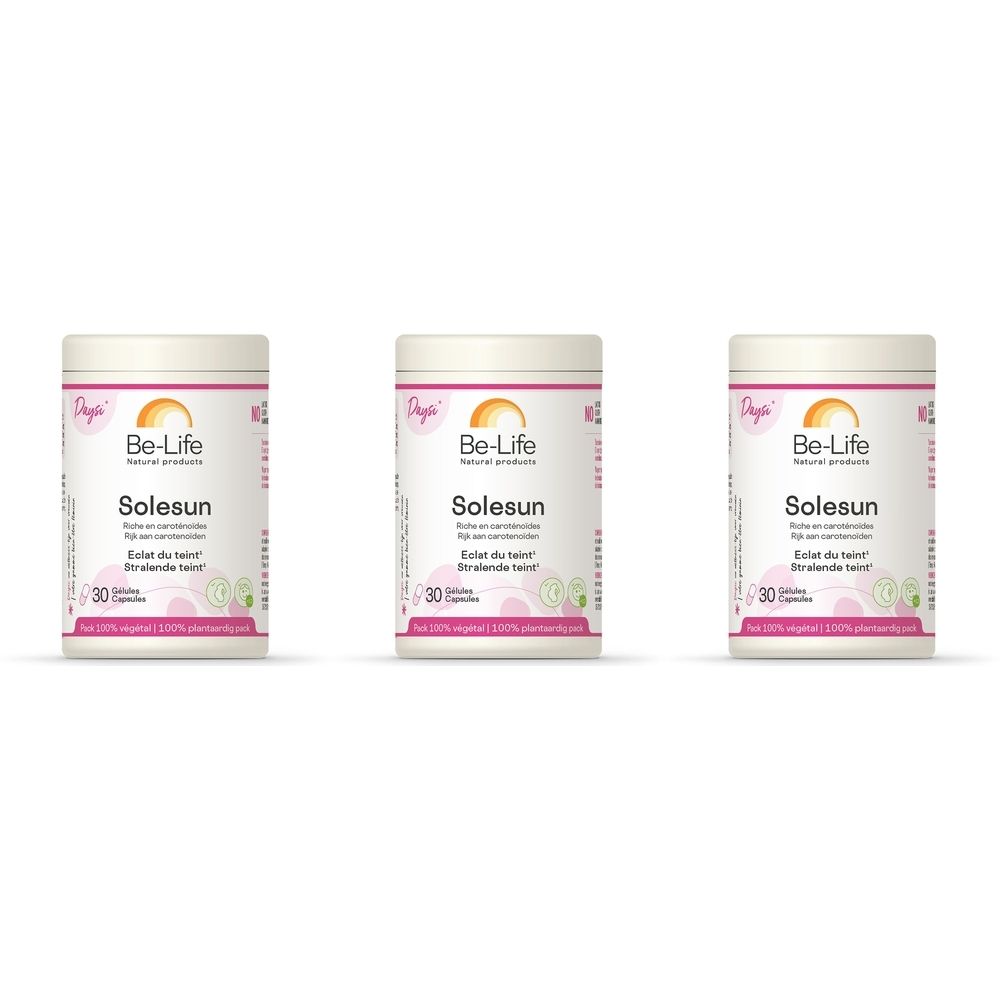 Drie witte potten met de tekst Be-Life Solesun. Elke pot geeft 30 capsules aan.