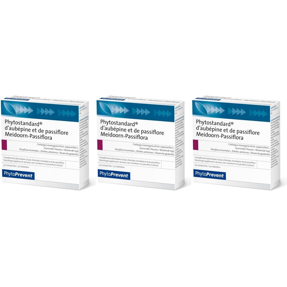 Drie dozen met de tekst Phytostandard d'aubépine et de passiflore. Merk: PhytoPrevent.