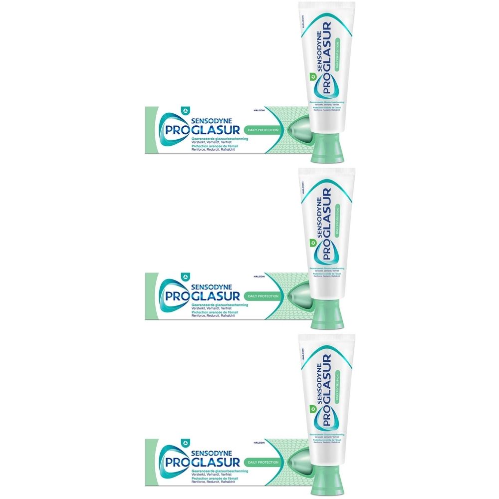 Tubes et boîtes de dentifrice. Inscription Sensodyne Proglasur. Design vert et blanc. Plusieurs produits sont représentés.