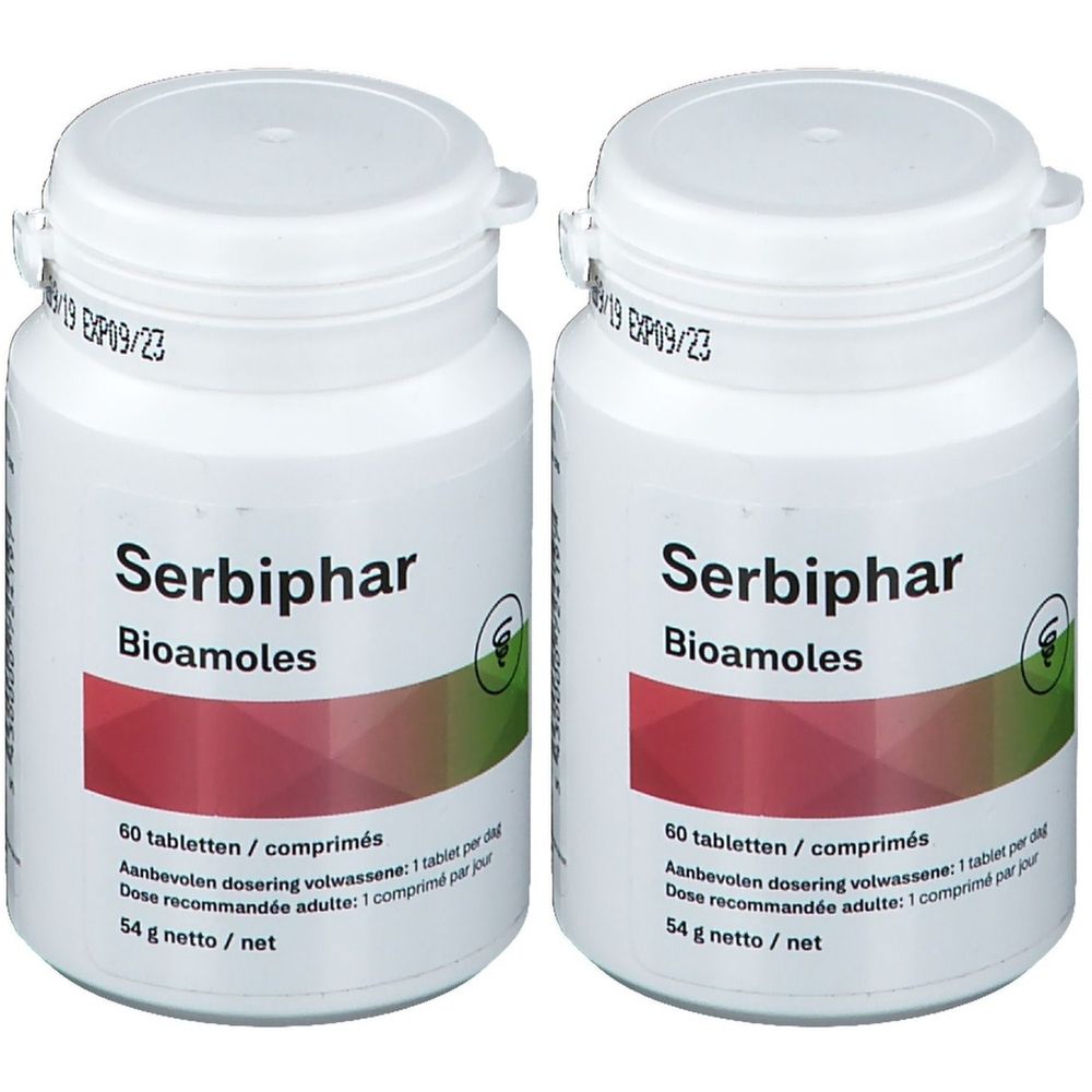 Twee witte flessen met de tekst "Serbiphar Bioamoles". Op elke fles staat "60 tabletten/comprimés" en "EXP09/23". 