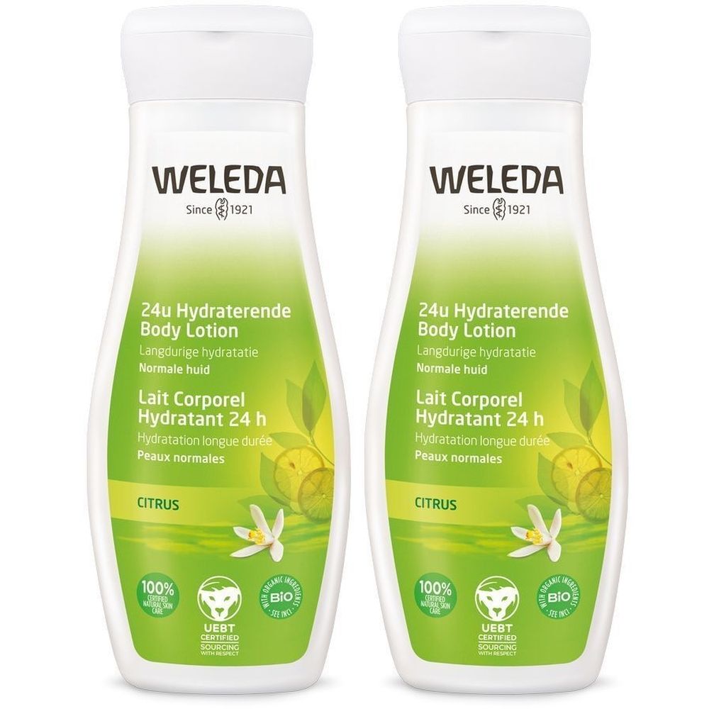 Deux flacons de lotion corporelle. Bouchon blanc, impression verte. Inscription : Weleda, 24h Hydratation, Citrus. Certification bio.