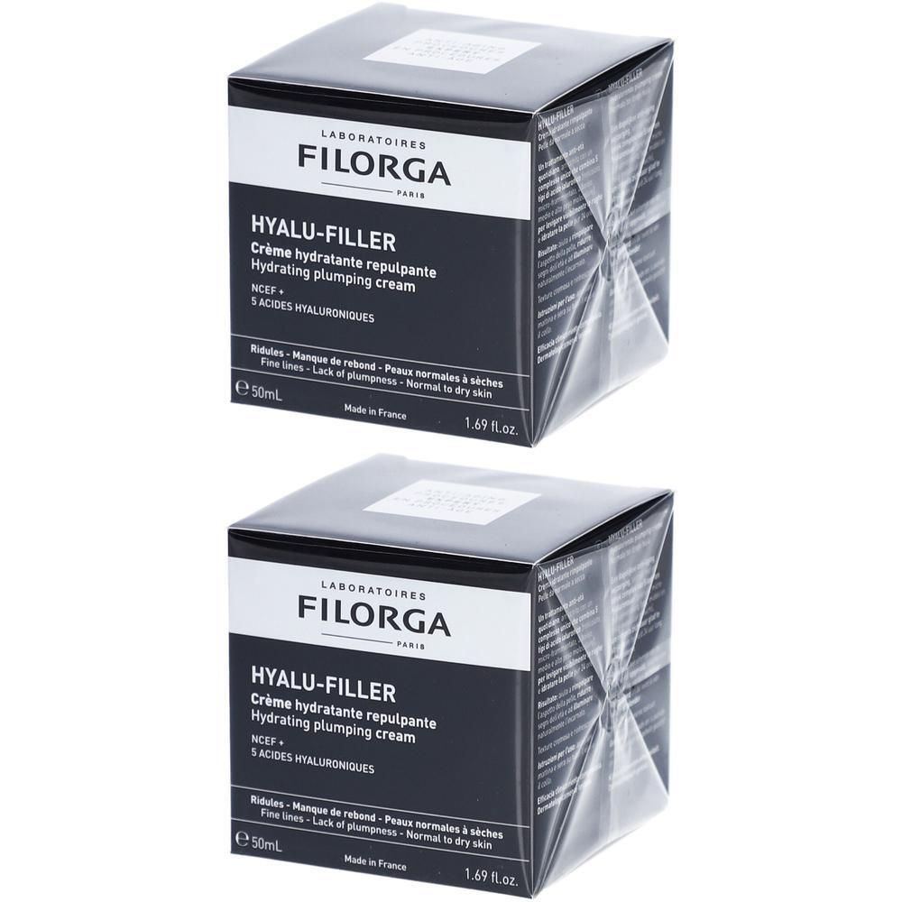 Twee vierkante dozen FILORGA HYALU-FILLER. Zwarte verpakking met witte en grijze details. 50ml.