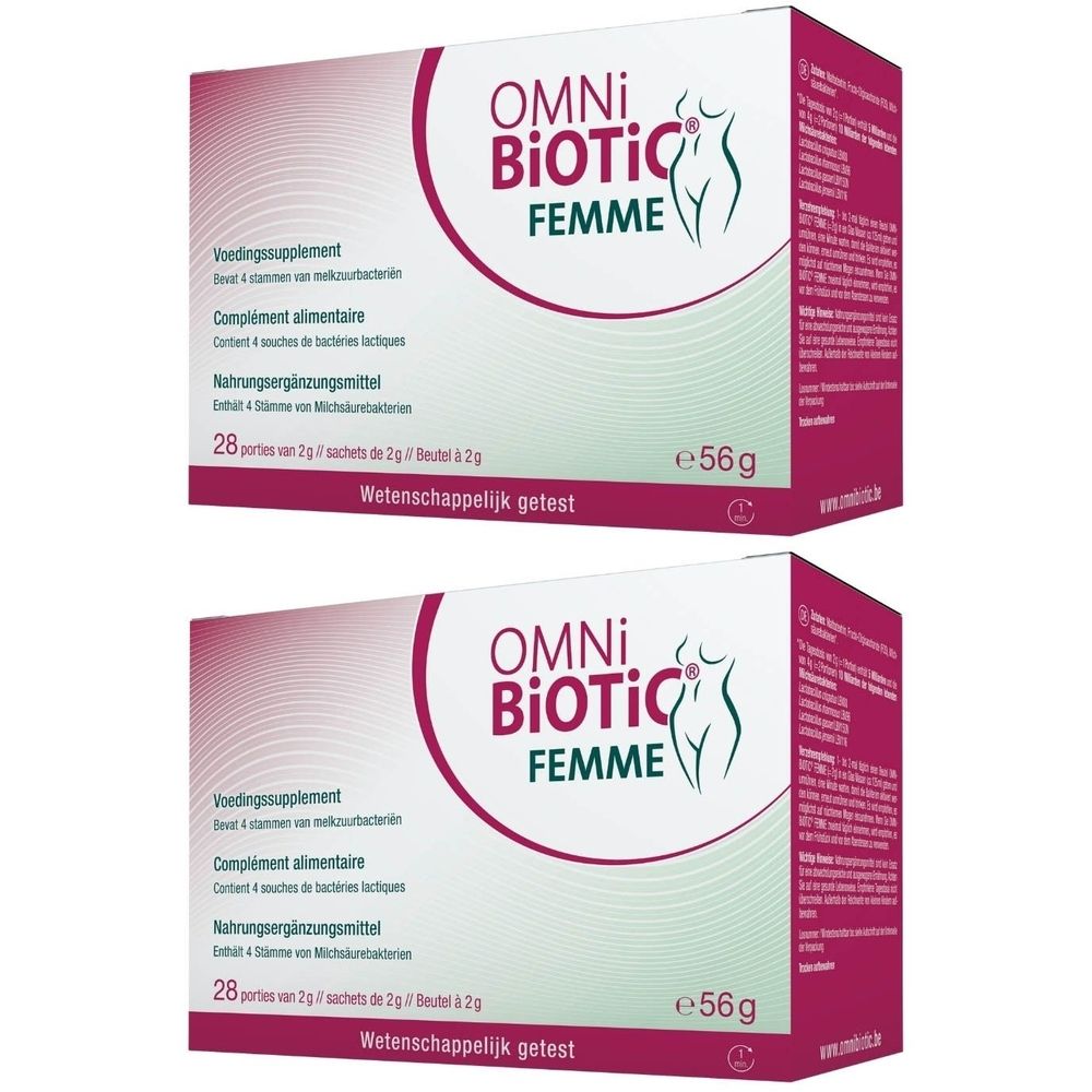 Twee dozen Omni-Biotic Femme. Witte dozen met roze accenten. Opschrift: OMNI-BIOTIC FEMME, voedingssupplement, 28 zakjes.