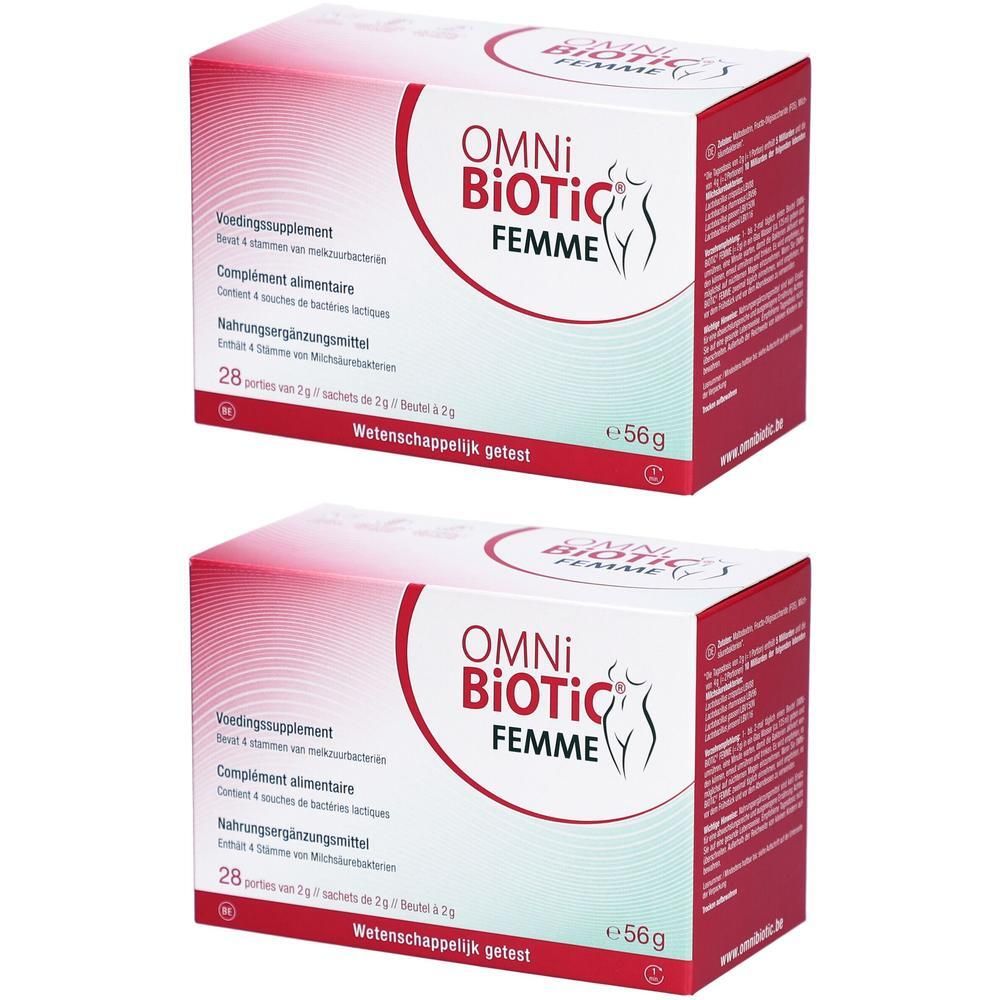 Twee dozen Omni-Biotic Femme. Witte dozen met rode tekst en logo. Bevat 28 zakjes.