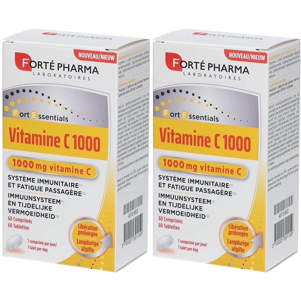 Twee dozen Vitamine C 1000. Opschrift: Forté Pharma, 1000 mg vitamine C, 60 tabletten. Geel-witte verpakking.