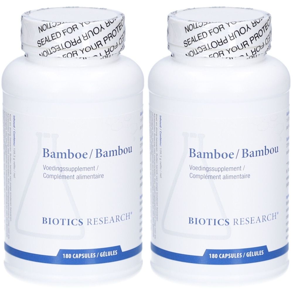 Twee witte flessen Bambou voedingssupplement. Opschrift: Biotics Research. 180 capsules. Afsluiting met zegel.