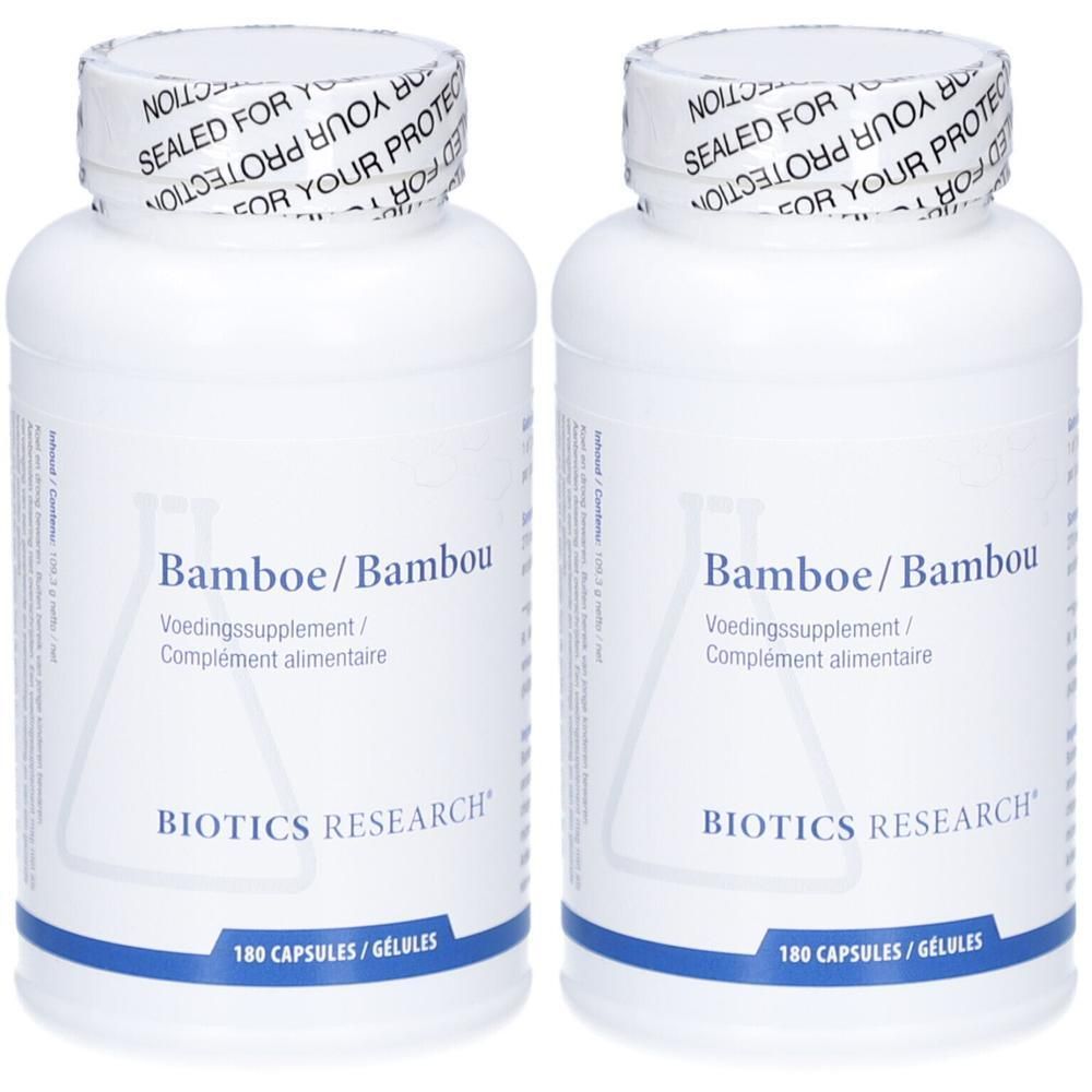 Deux flacons blancs de capsules Bambou de Biotics Research. Chaque flacon contient 180 gélules.