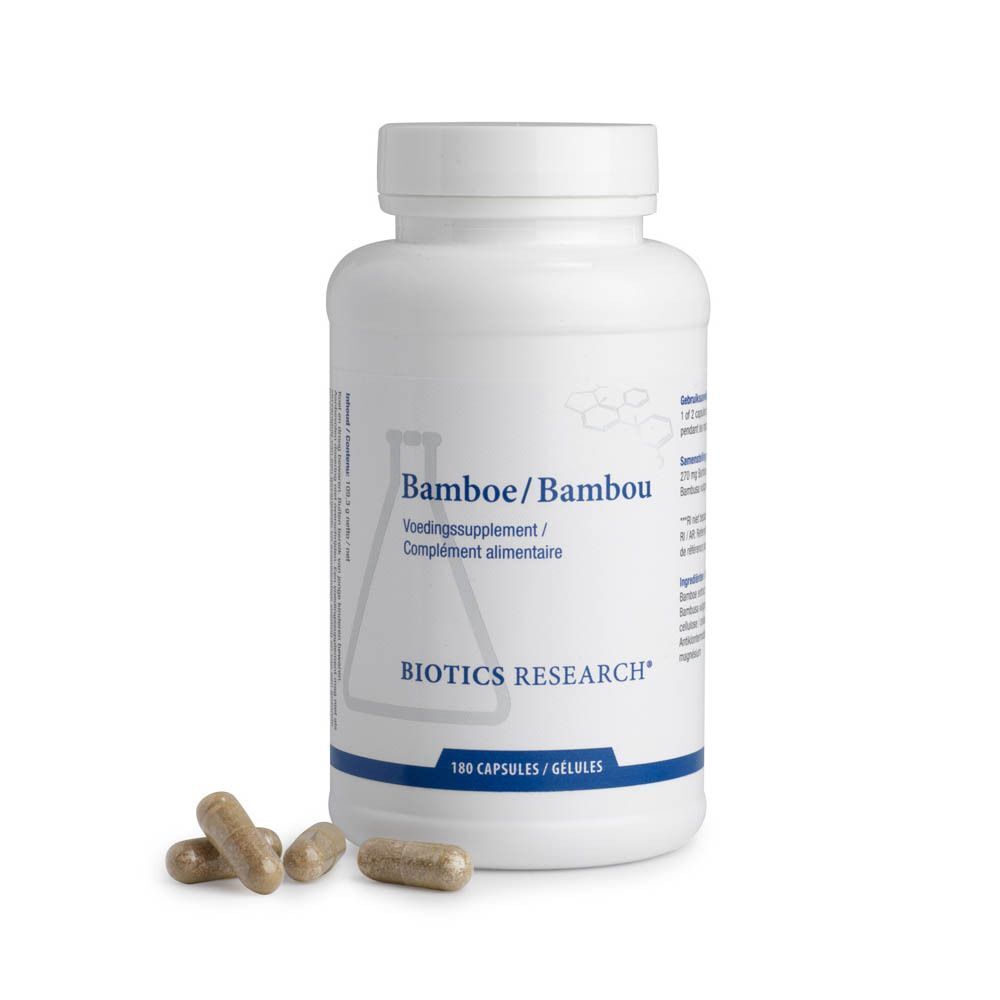 Un flacon blanc de capsules Bambou de Biotics Research, avec quelques capsules à côté.
