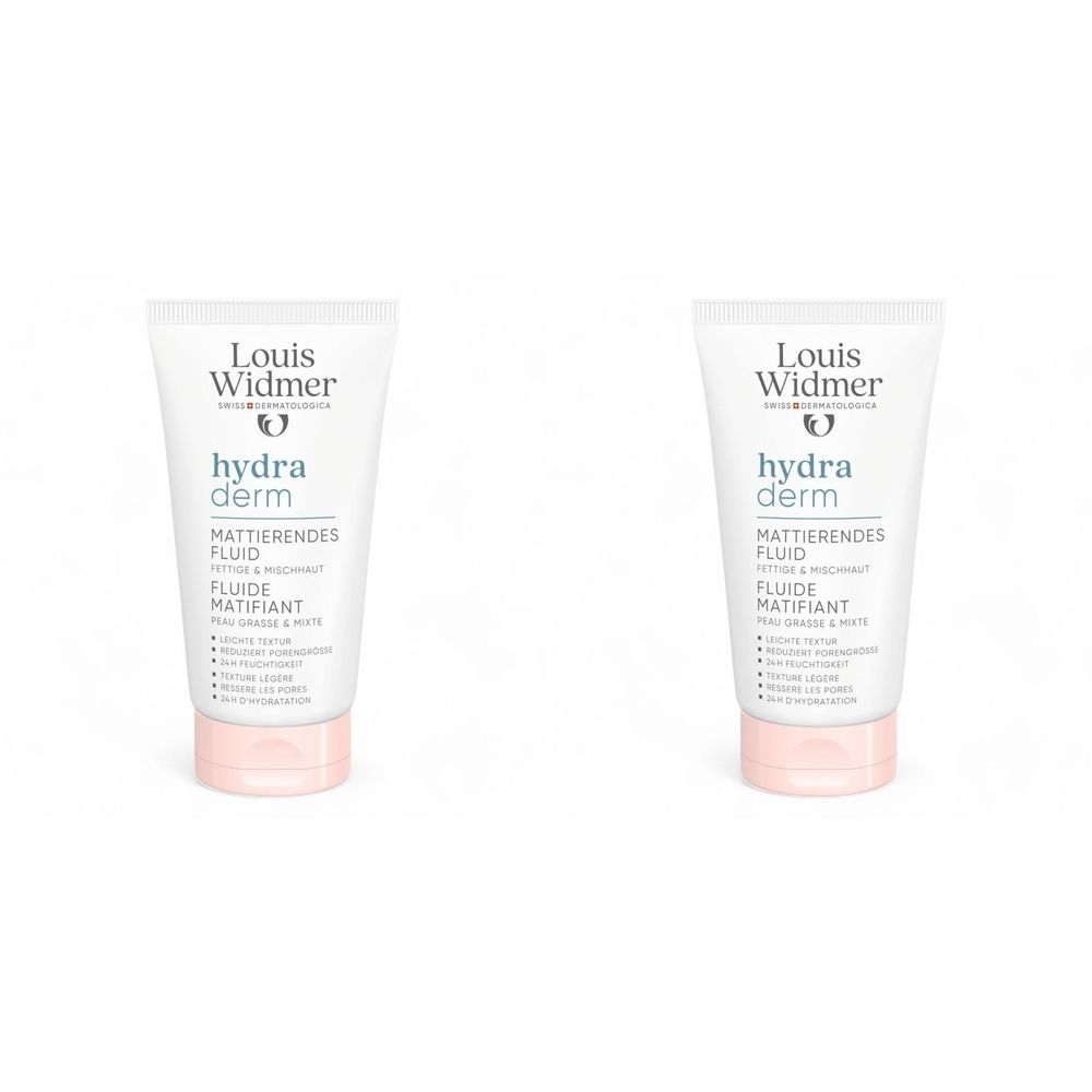 Twee tubes op een witte achtergrond. Op elke tube staat "Louis Widmer hydra derm MATTIERENDES FLUID". De doppen zijn roze.