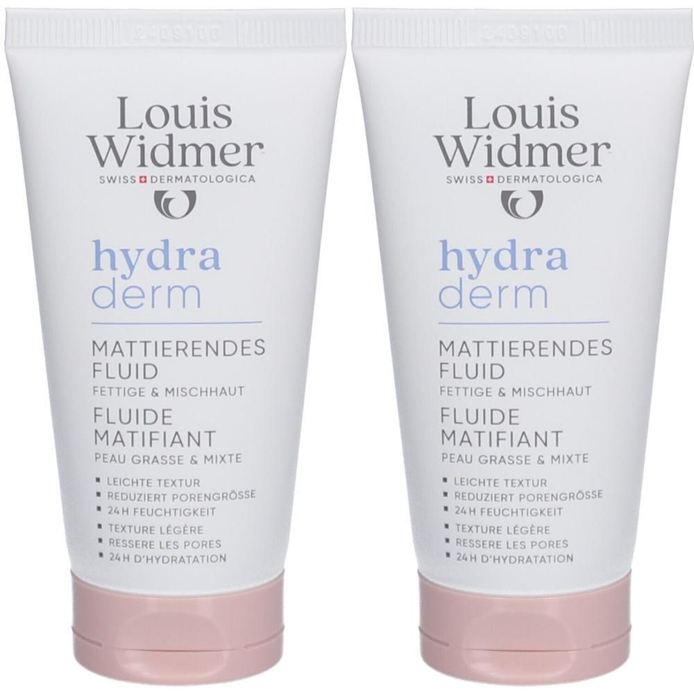 Deux tubes de Louis Widmer Hydraderm Fluide Mattifiant. Blancs, avec texte et bouchon rose. Texte en allemand et français.