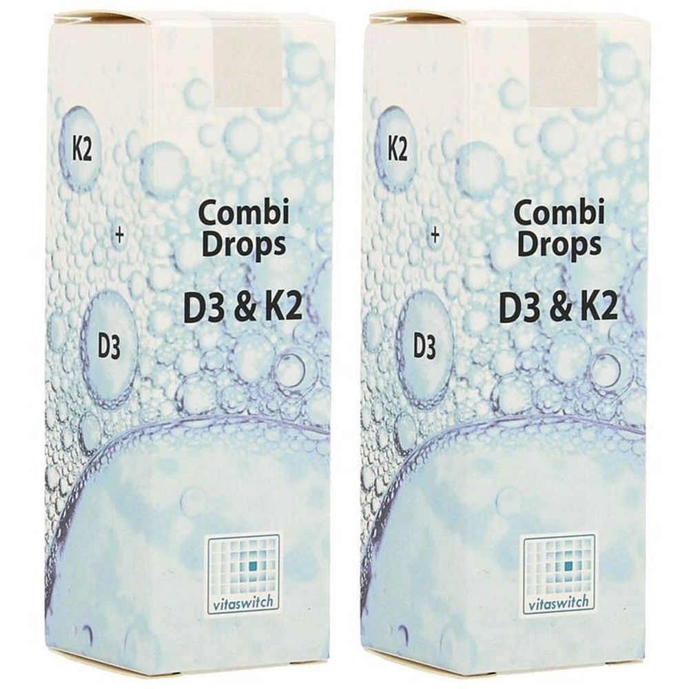 Twee dozen met de tekst "Combi Drops D3 & K2". Op elke doos staan de logo's "K2" en "D3", en het logo "vitaswitch".