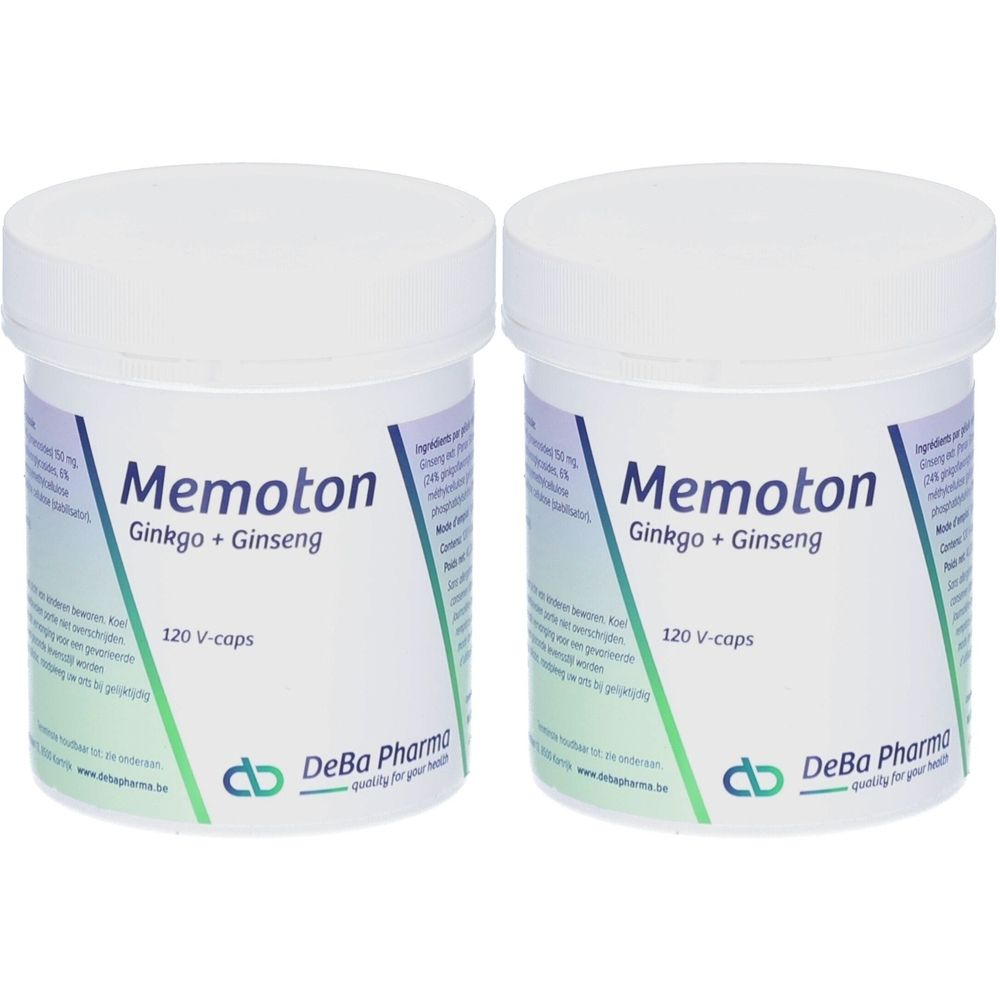 Twee witte potten met opschrift Memoton Ginkgo + Ginseng. Opschrift 120 V-caps. Merk DeBa Pharma.