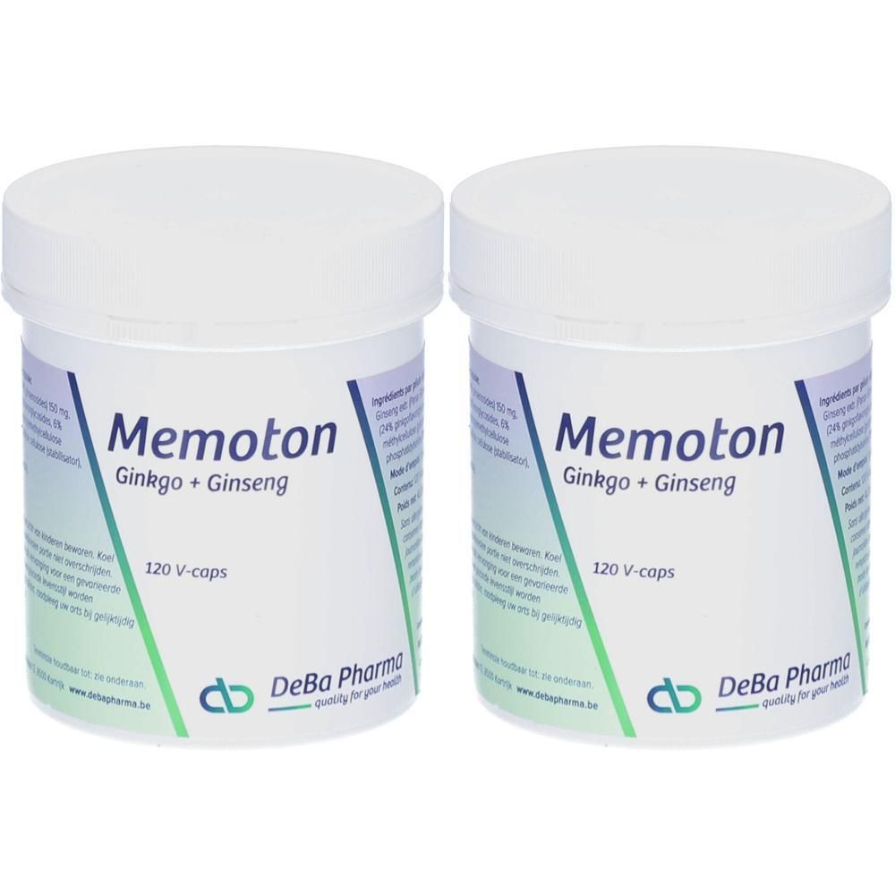 Twee potten Memoton Ginkgo + Ginseng, 120 V-capsules per pot.