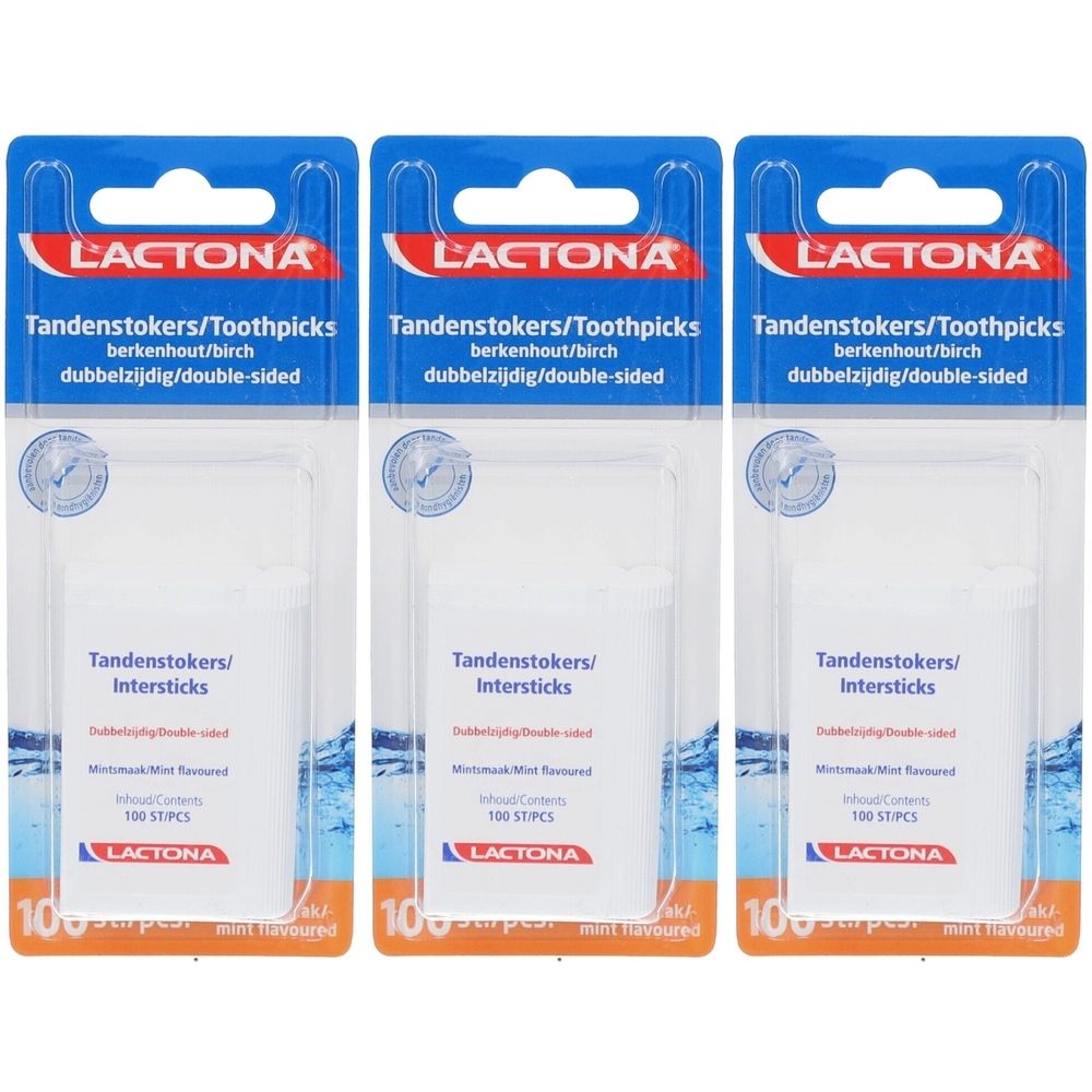 Drie verpakkingen Lactona tandenstokers. Witte verpakking met blauwe header. Tekst: Tandenstokers/Toothpicks, 100 stuks. Muntsmaak.