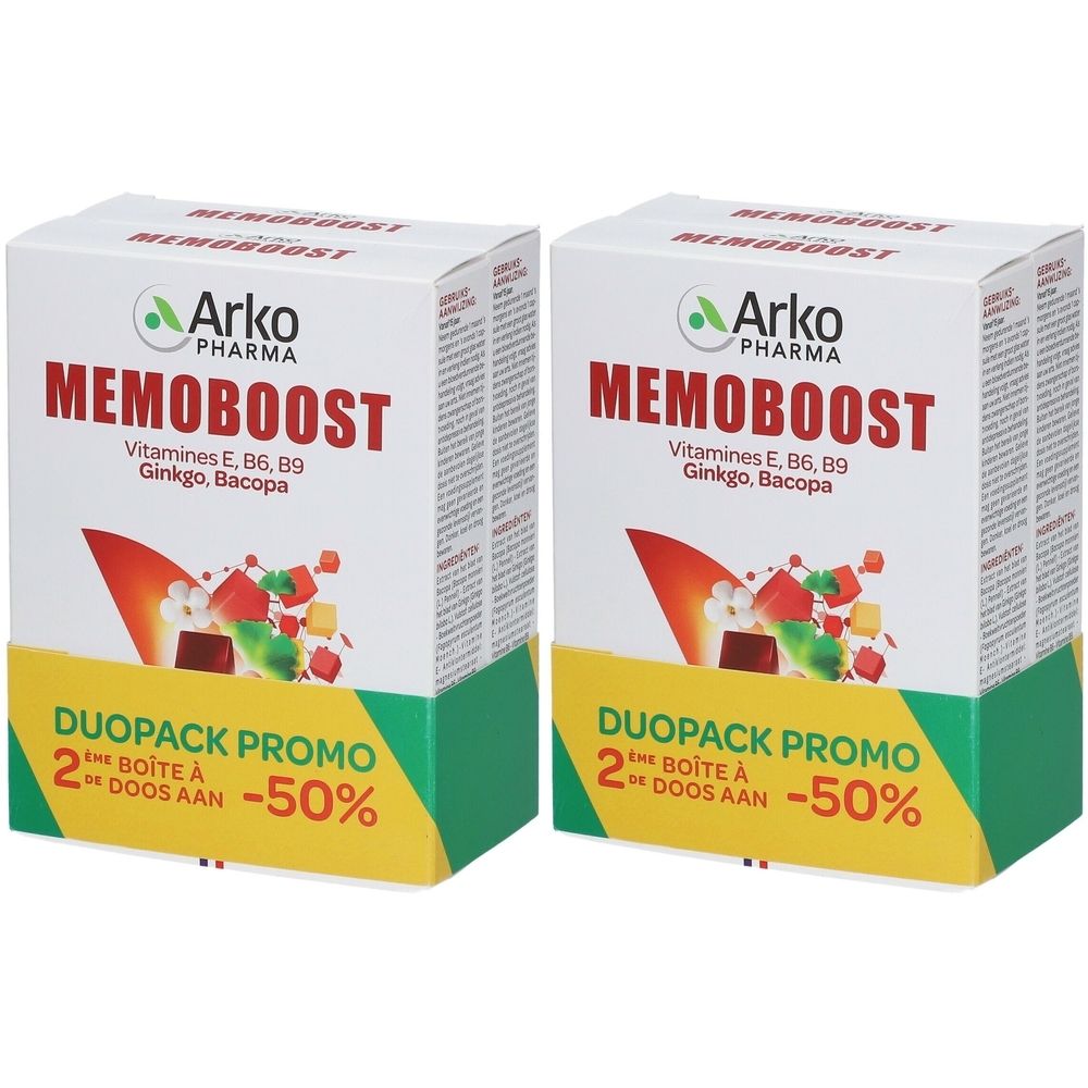 Deux boîtes blanches "MEMOBOOST" et logo "Arko Pharma". Contient Vitamines E, B6, B9, Ginkgo, Bacopa. "DUOPACK PROMO" avec -50% de réduction.