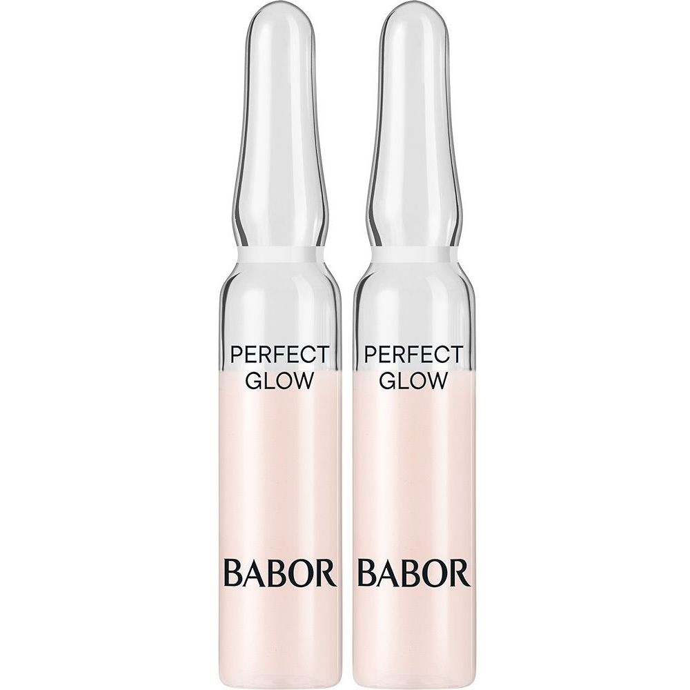 Deux ampoules en verre avec liquide rose. Inscription: PERFECT GLOW et BABOR.