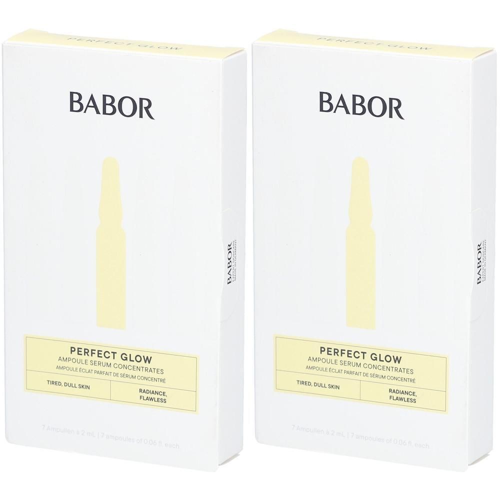 Twee witte dozen met productafbeelding. Boven staat BABOR. Daaronder PERFECT GLOW, ampul serumconcentraten.