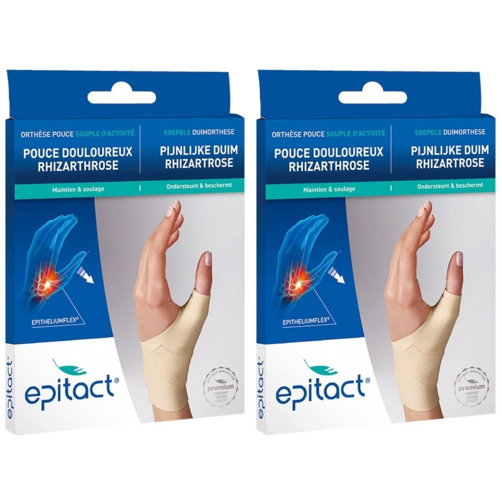 Twee verpakkingen Epitact® duimorthese. Opschrift: Orthèse Pouce Souple d'Activité, Rhizarthrose. Beige duimbrace.