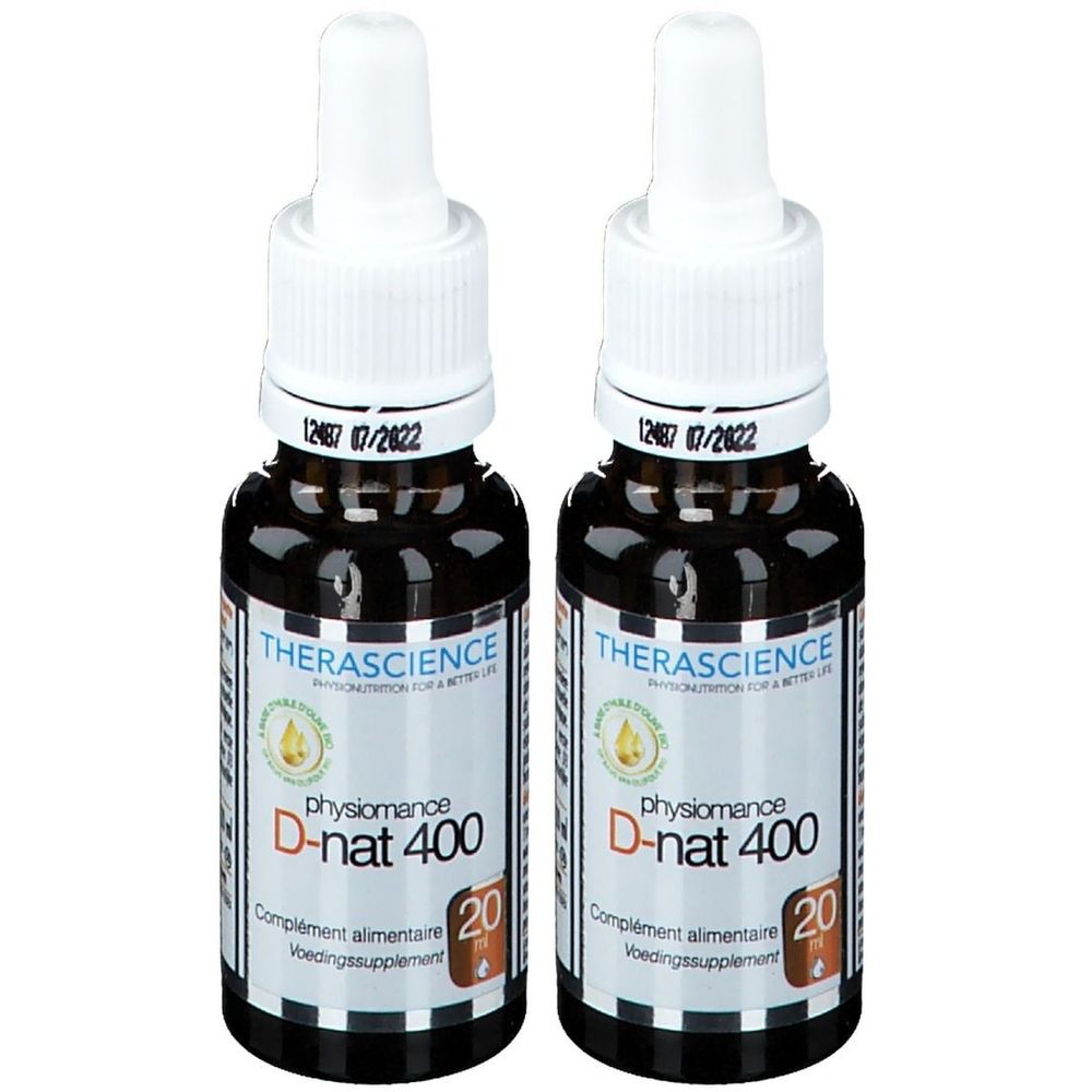 Deux flacons bruns avec bouchons blancs. Étiquettes avec "Physiomance D-nat 400" et "THERASCIENCE".