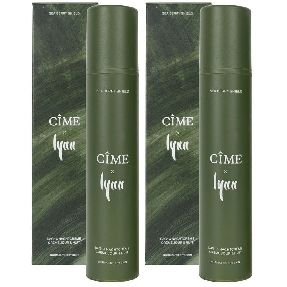 Drie groene flacons en verpakkingen. Opschrift: CÎME, lynn, Sea Berry Shield. Dag- en nachtcrème voor normale tot droge huid.