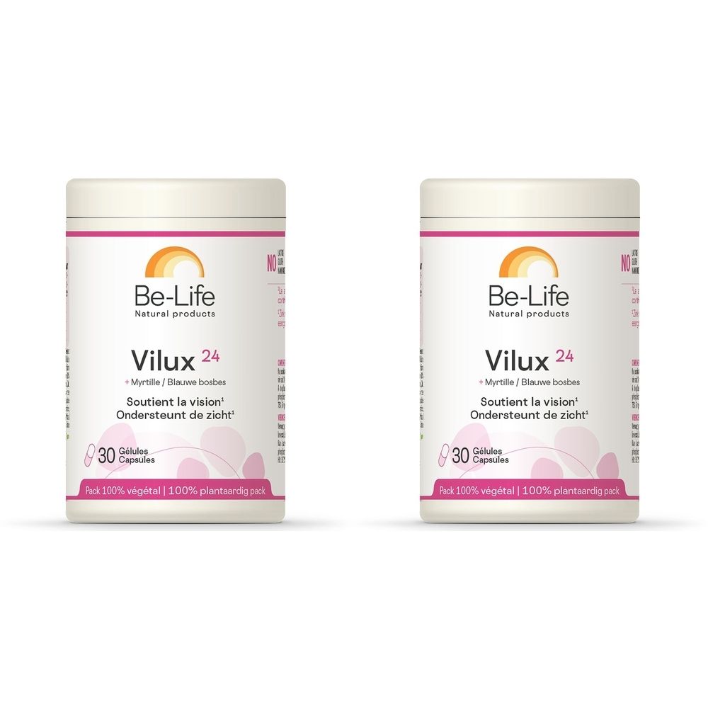 Deux boîtes blanches avec étiquette rose et orange. Inscription : Be-Life Vilux 24, 30 gélules. Soutient la vision.