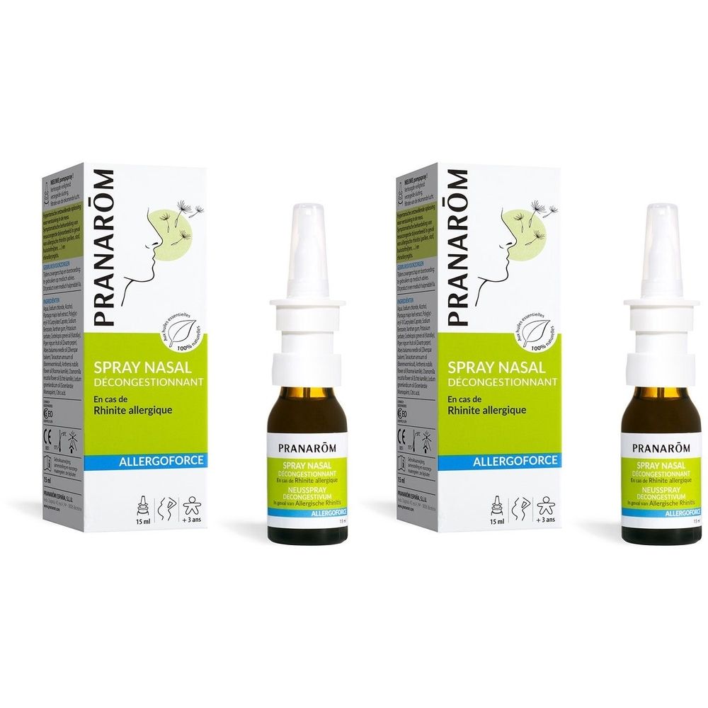 Spray nasal et emballage. Inscription: Allergoforce, Spray nasal décongestionnant. Flacon avec pulvérisateur.