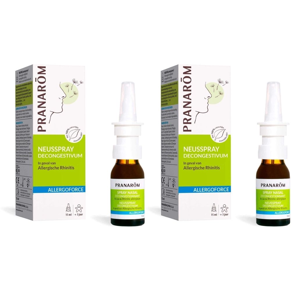 Nezspray en verpakking. Opschrift: Allergoforce, Neusspray Decong. bij allergische rhinitis. Flesje met verstuiver.