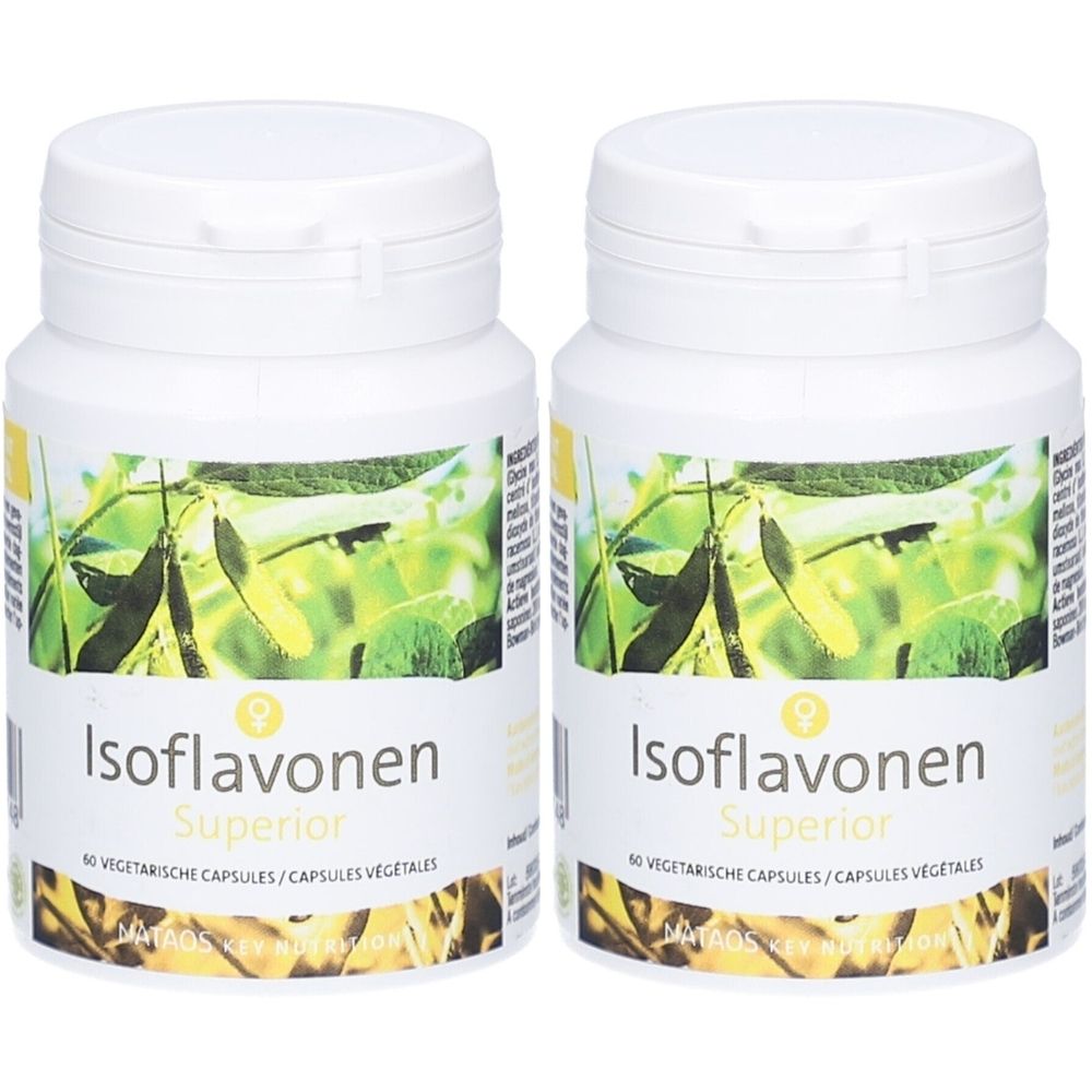 Twee witte flessen met etiketten. Opschrift: Isoflavonen Superior. 60 vegetarische capsules. Achtergrond: groene bladeren.