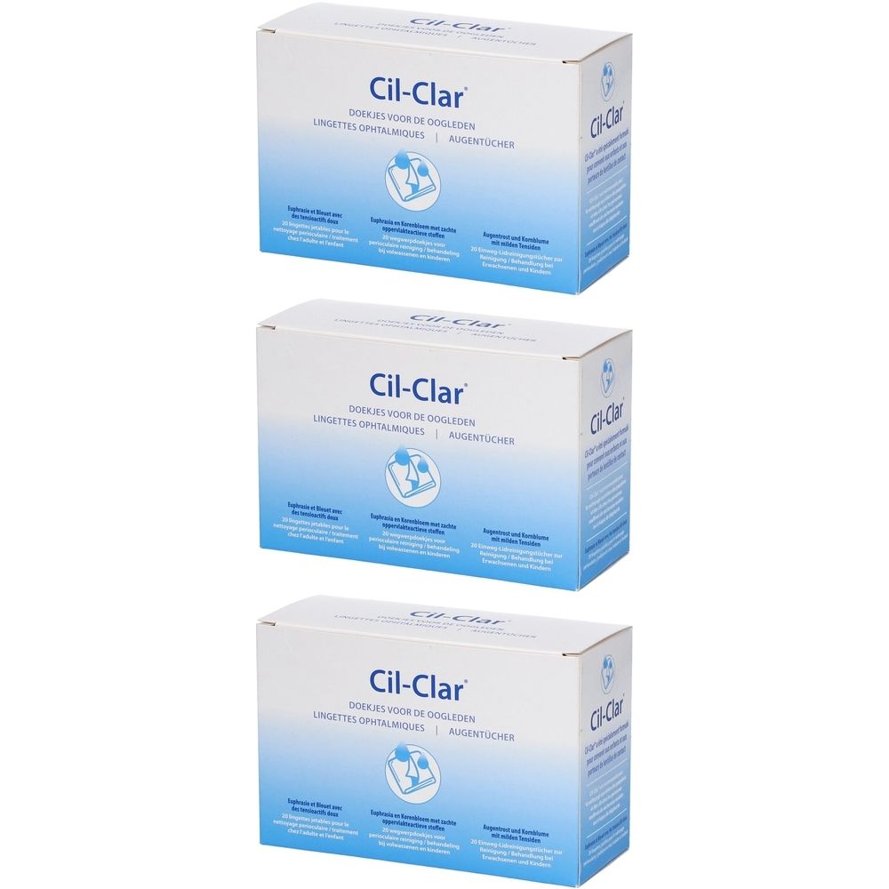 Trois boîtes de Cil-Clar. Emballage blanc avec texte et logo bleus. Texte en néerlandais, français et allemand.
