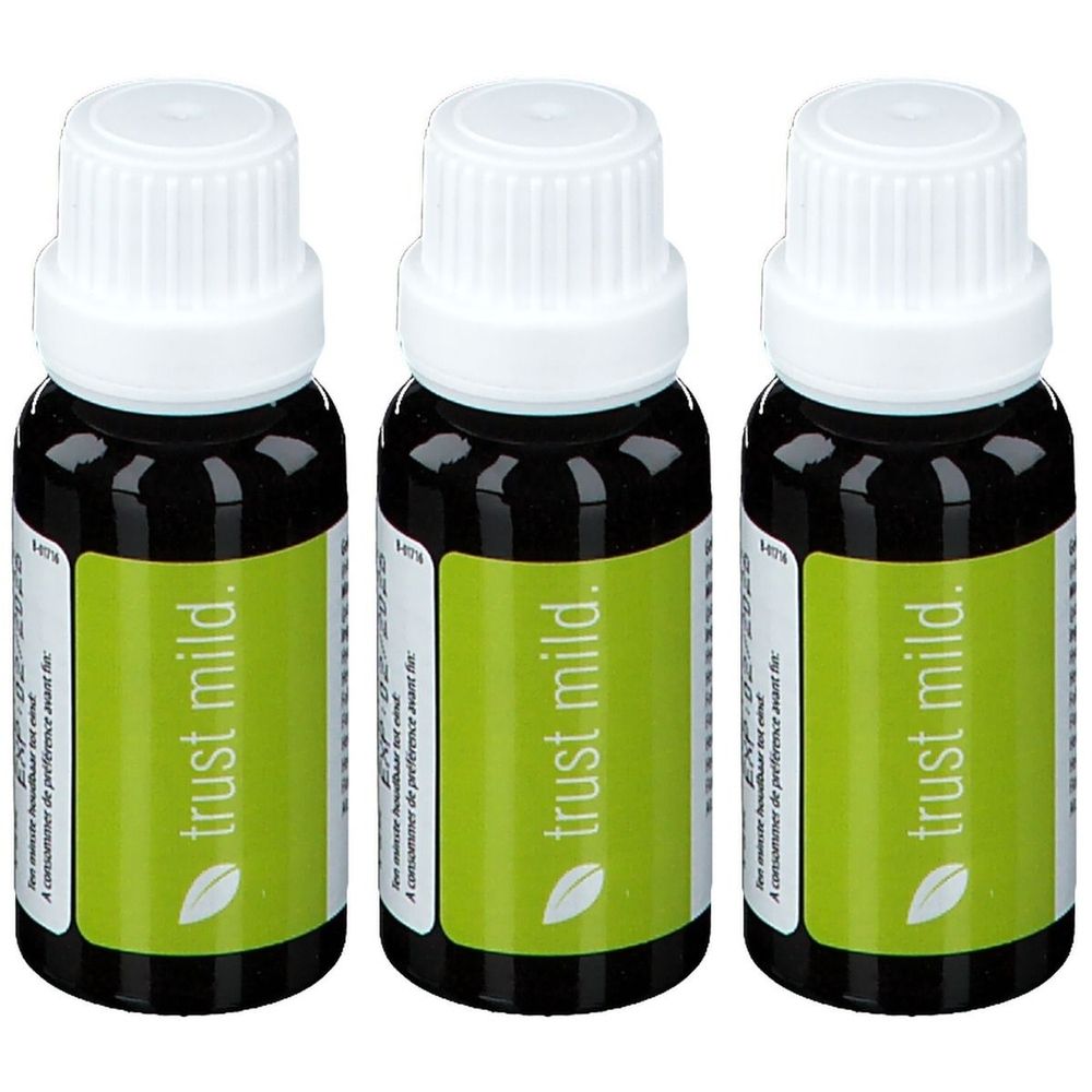 Drie flesjes met witte dop en groen etiket. Opschrift: trust mild.