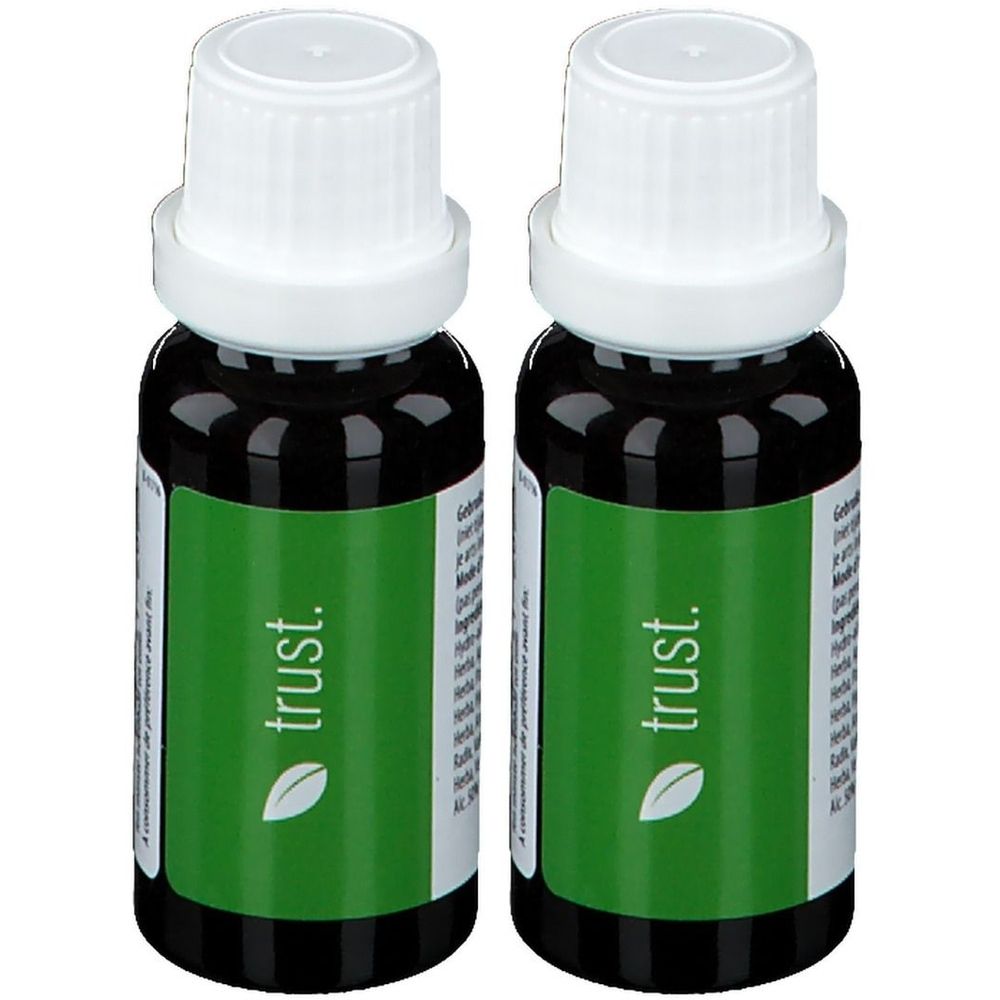 Twee flessen met witte dop en groen etiket. Op het etiket staat "trust."