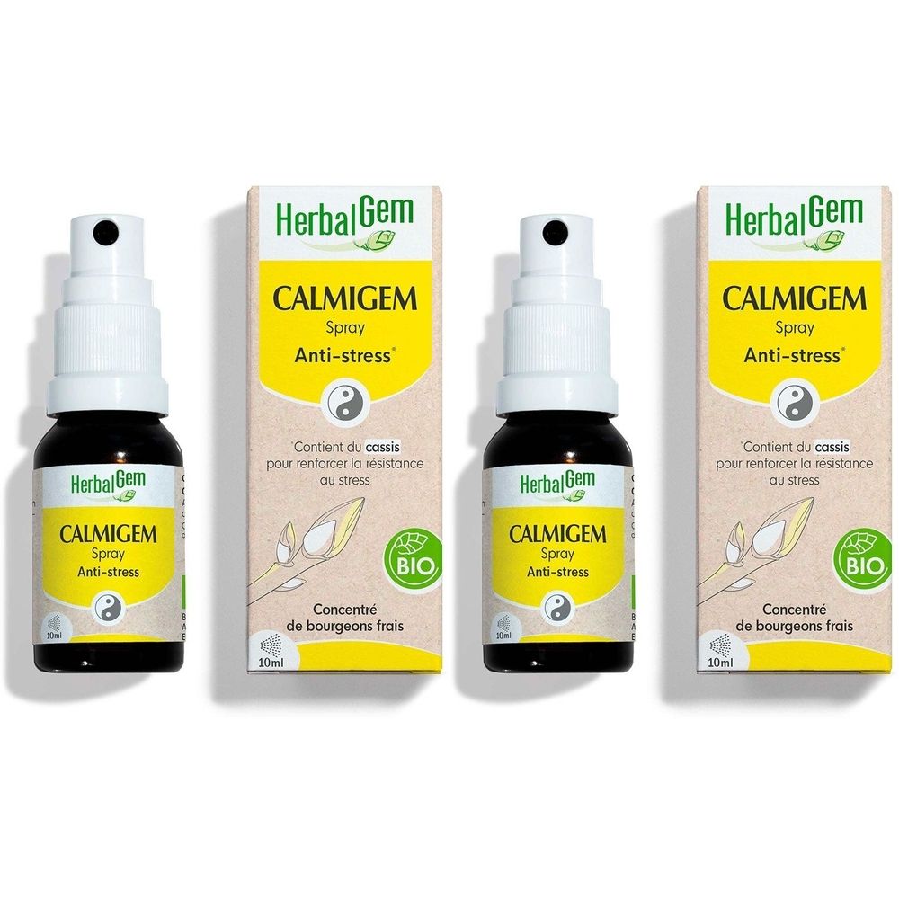 Trois flacons et boîtes de HerbalGem Calmigem Spray. Inscription : Anti-stress, certification Bio.