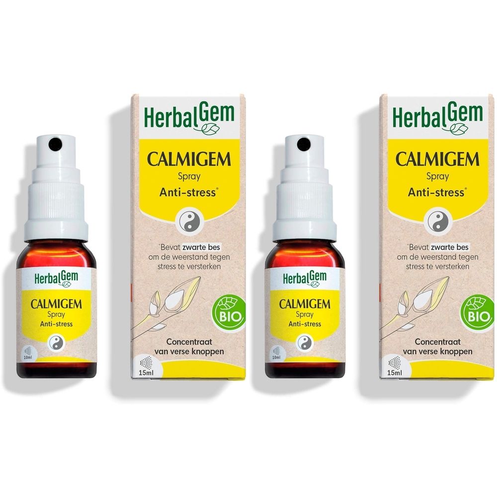 Drie flessen en dozen HerbalGem Calmigem Spray. Opschrift: Anti-stress, Bio-certificering.