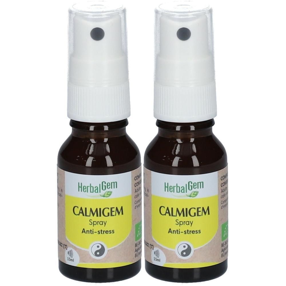 Twee bruine glazen flessen met witte spraykop. Etiket met productnaam en logo. Opschrift: CALMIGEM Spray Anti-stress.