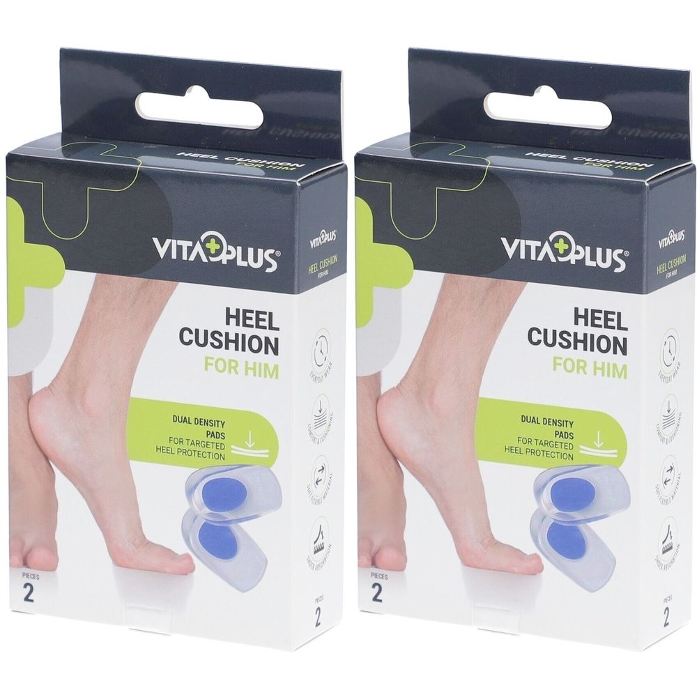 Twee dozen hielkussens voor mannen. Opschrift: VITA PLUS, HEEL CUSHION FOR HIM. Blauwe inlegzolen in de verpakking. Dual density pads voor hielbescherming.